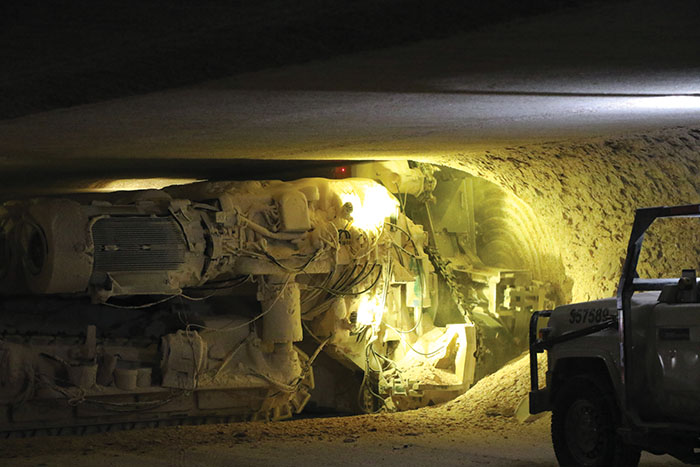 A miner mining potash underground at Nutrien Rocanville.<br />

